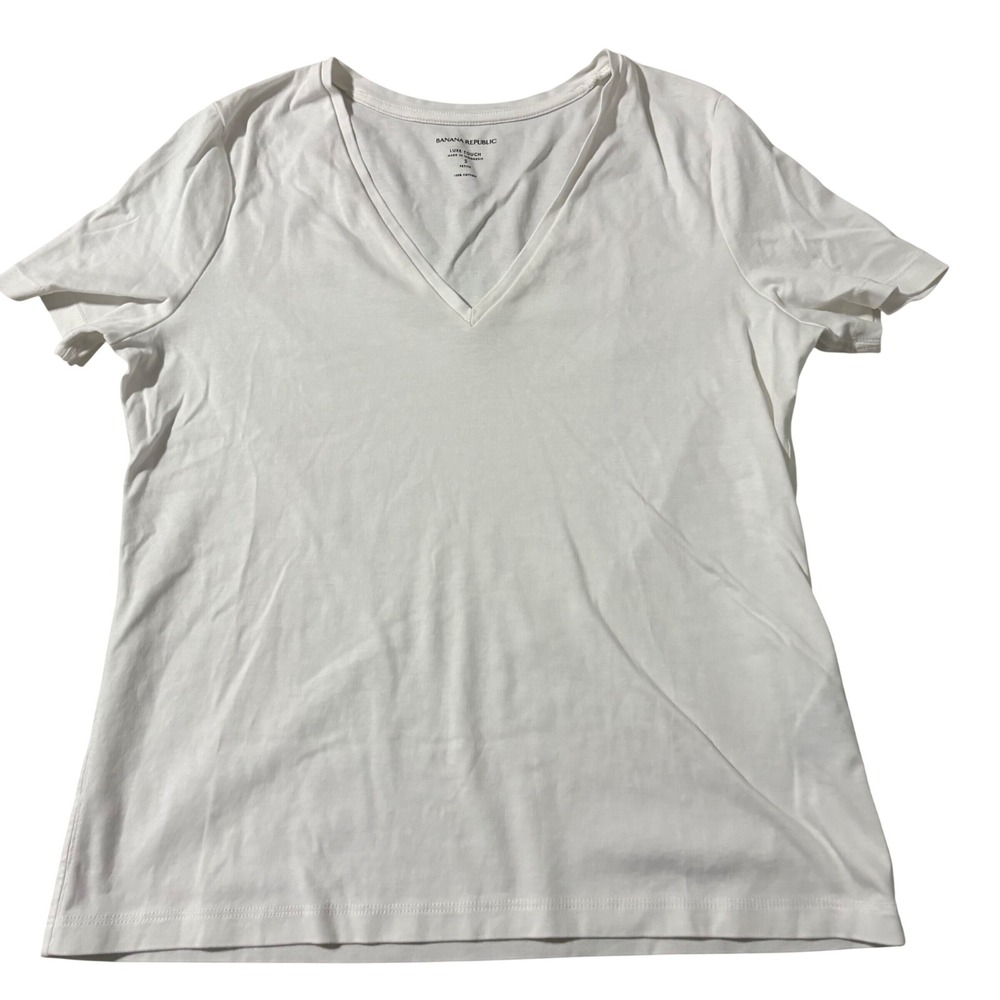 Banana Republic Luxe Touch White V-Neck T-Shirt Petite Small Short Sleeve Cotton